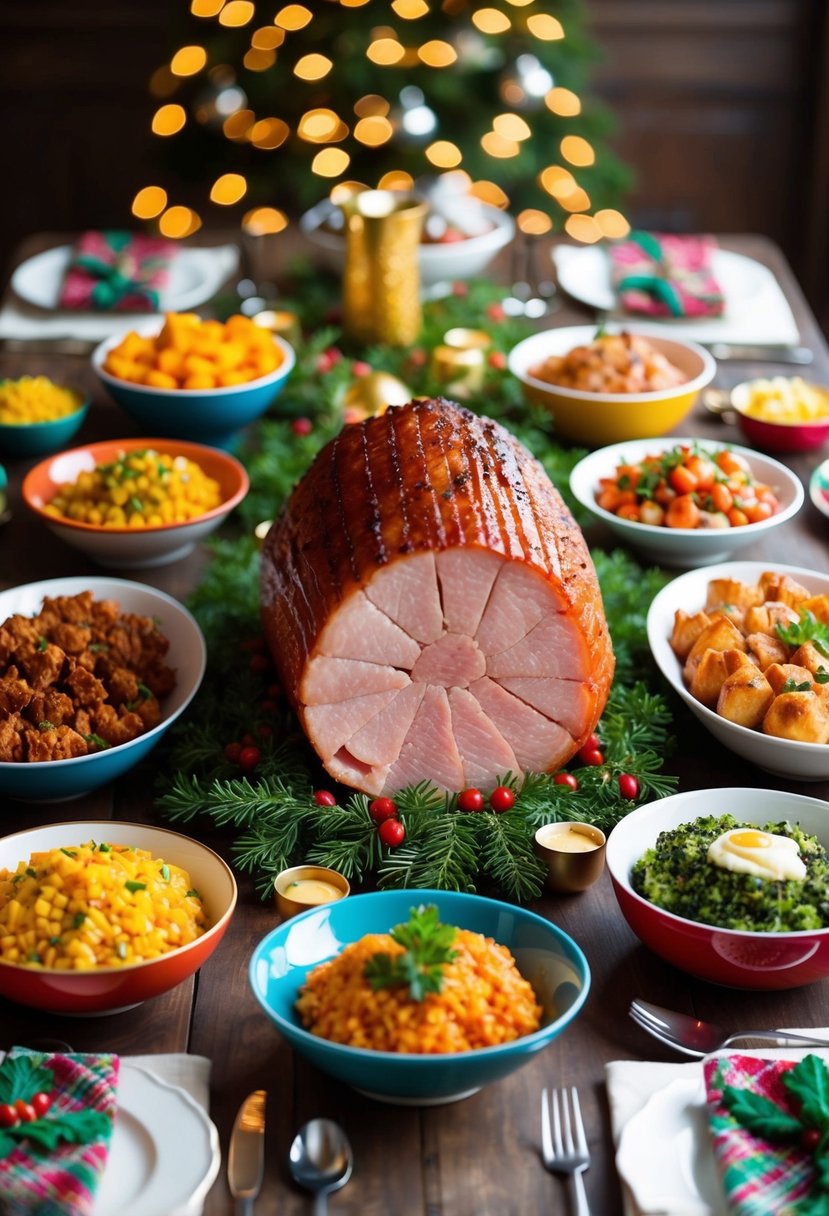 A festive table set with an array of colorful side dishes surrounding a succulent ham as the centerpiece